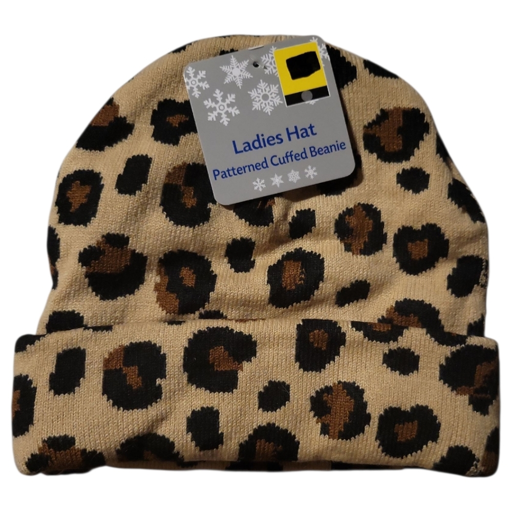 NWT Leopard Spotted Cheetah Woman's Ladies Winter Cuffed Beanie Hat Double Knit